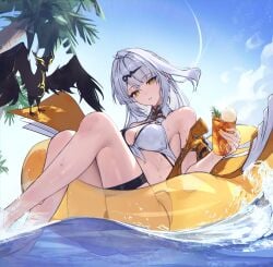 1girls absurdres alternate_costume armpit_crease ass bare_shoulders bikini blue_sky breasts commentary_request criss-cross_halter cup day drinking_glass feet_out_of_frame female fingernails food front-tie_bikini_top front-tie_top grey_hair hair_ornament halterneck highres holding holding_cup ice_cream ice_cream_float innertube jacket large_breasts long_hair looking_at_viewer multi-strapped_bikini_bottom nail_polish off_shoulder parted_lips partial_commentary sasa_(sasa_ekakiman) sky solo swim_ring swimsuit thigh_strap thighs wet white_bikini yellow_eyes yellow_jacket yellow_nails yixuan_(zenless_zone_zero) zenless_zone_zero