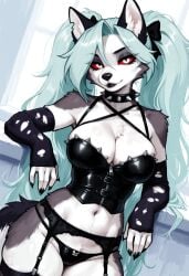 1girls absurd_res accessory ai_generated anthro armwear big_breasts blue_eyes blue_hair bow_ribbon breasts canid canid_demon claws clothing collar corset demon demon_girl dutch_angle ears elbow_gloves female fingerless_gloves fur furry garter_belt garter_straps gloves goth goth_girl grey_body grey_fur hair hair_accessory hair_ribbon hairbow handwear hatsune_miku_(cosplay) hellhound helluva_boss hi_res inside legwear lingerie lipstick looking_at_viewer loona_(helluva_boss) makeup mammal mouth_closed navel notched_ear organs panties red_sclera ribbons solo spiked_collar spikes standing stomach tail thigh_highs topwear torn_clothing twintails_(hairstyle) two_tone_body two_tone_fur two_tone_tail underwear watermark white_body white_eyes white_fur wolf wolf_girl zipper