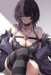 1girls :q arm_strap belt black_belt black_choker black_coat black_dress black_hair black_thighhighs blunt_bangs breasts chest_harness choker cleavage coat commentary commentary_request dress female fur-trimmed_coat fur_trim grey_hair hair_ornament harness highres hololive hololive_english huge_breasts knee_up long_hair looking_at_viewer mintz912 multicolored_hair off_shoulder shiori_novella shiori_novella_(1st_costume) short_dress single_thighhigh sitting sleeveless sleeveless_dress solo split-color_hair striped_clothes striped_thighhighs symbol-only_commentary thighhighs tongue tongue_out two-tone_hair virtual_youtuber yellow_eyes