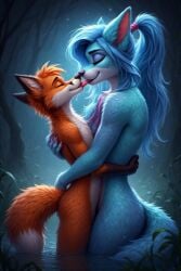 age_difference ai_generated blue_hair breasts duo embrace fox french_kiss hair hug hugging interspecies kissing long_hair naked nude older_female original original_character sally_the_wolf swamp timmy_red_fox tongue tongue_kiss wolf younger_male