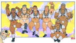 7boys abs aether_deity_(tokyo_afterschool_summoners) arm_hair armband armpit_hair armpits arms_up artist_name bandage bandaged_leg bandaid bandaid_on_face bara beard_stubble beefy biceps big_nose blonde_hair blue_hair blush brown_hair bulge bulge_through_clothing chest_hair clenched_hand clenched_teeth closed_eyes colorful_background daddy dark_skin dilf elemental_creature fire_deity_(tokyo_afterschool_summoners) flaccid frown fundoshi galeoria_(pixiv) gay green_hair grin hachimaki hand_on_hip happi_(clothing) happy headband heart_symbol hi_res hogen_(tokyo_afterschool_summoners) hunk infernal_deity_(tokyo_afterschool_summoners) japanese_clothes laugh leg_hair legs_apart light_skin looking_at_viewer male male_only manly mature_male moustache multiple_boys muscles muscular muscular_arms muscular_legs muscular_male muscular_thighs navel necklace nether_deity_(tokyo_afterschool_summoners) one_eye_closed pantsless pecs pose posing posing_for_the_viewer quadriceps red_hair rokushaku_fundoshi rope rope_around_wrist shide shoe_soles short_hair sideburns simple_shading sitting six_pack standing standing_on_one_leg tabi_socks thick thick_arms thick_eyebrows thick_thighs thumbs_up tokyo_afterschool_summoners tongue_out tough_guy triceps water_deity_(tokyo_afterschool_summoners) white_border white_fundoshi white_hair wood_deity_(tokyo_afterschool_summoners) yaoi yellow_eyes