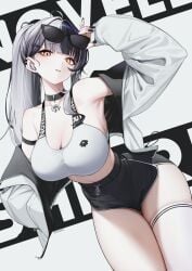 1girls adjusting_eyewear alternate_costume black_hair black_shorts blunt_bangs breasts cleavage cropped_jacket dolphin_shorts eyewear_on_head female grey_hair highres hololive hololive_english jacket large_breasts long_hair looking_at_viewer mintz912 multicolored_hair open_clothes open_jacket parted_lips ponytail shiori_novella short_shorts shorts sidelocks single_thighhigh solo split-color_hair sports_bra sunglasses thighhighs virtual_youtuber white_sports_bra white_thighhighs yellow_eyes