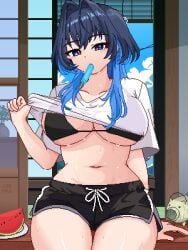 arm_support bikini food_in_mouth huge_breasts leopxl ouro_kronii piggy_bank pixel_art plate popsicle popsicle_in_mouth shirt_lift short_shorts sitting steam sweat sweaty thick_thighs watermelon white_shirt wide_hips