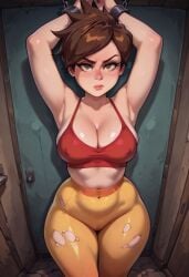 2d ai_generated annoyed annoyed_expression cartoon cartoony chains cute female leggings needmymommy overwatch ripped_clothing ripped_leggings sports_bra tied_up tracer western_art