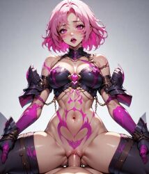 1boy 1girls ai_generated armored_female chains cowgirl_position female male oc oc_(pink) pink_hair short_hair