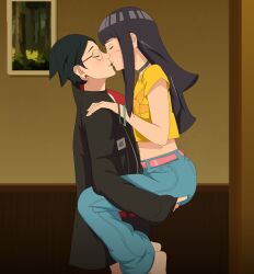 2girls accurate_art_style accurate_body_type accurate_proportions black_hair boruto:_two_blue_vortex closed_eyes clothed clothed_female female female_only height_difference imminent_kiss lifting lifting_person naruto naruto_(series) optimystic sarada_uchiha stand_and_carry_position standing teenage_girl teenager uzumaki_himawari young yuri