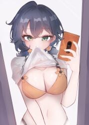 1girls belle_(summer_skies)_(zenless_zone_zero) belle_(zenless_zone_zero) belly bikini bikini_top biting_clothes biting_shirt blue_hair bra breasts cellphone female female_only flower flower_ornament green_eyes highleg holding_object holding_phone holding_shirt_with_mouth large_breasts light-skinned_female light_skin mihoyo mirror mirror_selfie nail_polish navel orange_bikini phone selfie shirt shirt_lift short_hair solo solo_female solo_focus stomach taking_selfie tyanak yellow_nails zenless_zone_zero