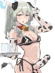animal_ears animal_print bagaponchi bell bikini blue_archive blue_halo blush breasts brown_eyes condom condom_on_penis cow_print cow_print_bikini cow_print_gloves cup dog_ears drinking_glass elbow_gloves erection female futanari gloves green_hair halo highres holding holding_tray looking_at_viewer medium_breasts navel neck_bell open_mouth penis print_bikini print_gloves simple_background solo swimsuit testicles tray umika_(blue_archive) white_background