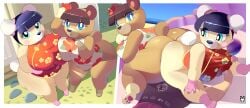 absurd_res aerth animal_crossing anthro ass ass_to_ass bear big_ass big_butt biped bisexual blue_eyes breast_squish breasts breasts_frottage brown_body brown_hair clothed clothing facesitting female female/female group hair hi_res huge_ass huge_butt human human_on_anthro interspecies june_(animal_crossing) looking_back male male/female mammal nintendo pekoe_(animal_crossing) sitting_on_another squish standing thick_thighs three-quarter_view trio