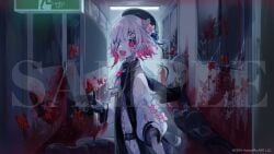 beret blood bug butterfly female flower flower_ornament hallway hat holding_hands knife magical_girl mahou_shoujo_no_majo_saiban multicolored_hair multiple_girls official_art red_butterfly red_eyes sakuraba_ema short_hair smile watermark