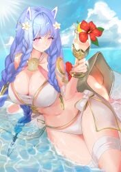 absurdres bare_shoulders bikini blue_hair blush body_markings braid breasts cleavage closed_mouth cornucopia cup drinking_glass drinking_straw female fire_emblem fire_emblem_heroes flower glass hair_flower hair_ornament heidrun_(fire_emblem) heidrun_(summer)_(fire_emblem) highres holding holding_cup large_breasts long_hair looking_at_viewer nanashi_kuno nintendo ocean official_alternate_costume purple_hair red_eyes smile solo swimsuit very_long_hair water wet white_bikini