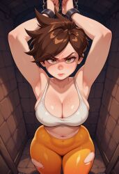 2d ai_generated annoyed annoyed_expression cartoon cartoony chains cute female leggings needmymommy overwatch ripped_clothing ripped_leggings sports_bra tied_up tracer western_art
