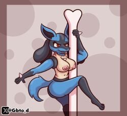 anthro black_body blue_body bone breasts ears_up female fur generation_4_pokemon goombato_dibujos hi_res lucario nintendo pokemon pokemon_(species) red_eyes simple_background solo tail