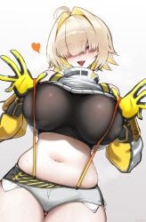 1girls :d ahoge blonde_hair breasts colored_inner_hair curvy elegg_(nikke) female gloves goddess_of_victory:_nikke hair_intakes hair_over_eyes heart highres huge_breasts looking_at_viewer micro_shorts midriff mintz912 multicolored_hair navel oerba_yun_fang open_hands open_mouth purple_eyes shorts simple_background skindentation smile solo stomach suspender_shorts suspenders sweat thighs white_background