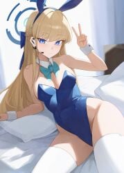 1girls absurdres animal_ears bare_shoulders blonde_hair blue_archive blue_bow blue_bowtie blue_eyes blue_leotard blurry blurry_background bow bowtie braid closed_mouth commentary_request detached_collar earpiece fake_animal_ears female hairbow half_up_braid hand_up highleg highleg_leotard highres indoors leotard long_hair looking_at_viewer on_bed pillow playboy_bunny rabbit_ears solo thighhighs thighs toki_(blue_archive) toki_(bunny)_(blue_archive) v weimiaw white_thighhighs white_wrist_cuffs wrist_cuffs