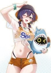 >_o 1girls ;d arm_up belle_(summer_skies)_(zenless_zone_zero) belle_(zenless_zone_zero) bikini bikini_top_under_shirt bikini_under_clothes bikini_under_shorts blush breasts bucket_hat carrying carrying_under_arm commentary cowboy_shot female fingernails food green_eyes hair_between_eyes hair_ornament hat highleg highres holding holding_food letter_hair_ornament looking_at_viewer low_twintails medium_breasts mintz912 nail_polish navel official_alternate_costume official_alternate_hairstyle one_eye_closed open_mouth orange_bikini orange_shorts polka_dot polka_dot_background see-through_clothes see-through_shirt sharkboo_(zenless_zone_zero) shirt short_hair short_shorts short_twintails shorts simple_background smile stomach swimsuit teeth thighs tied_shirt twintails upper_teeth_only white_background zenless_zone_zero