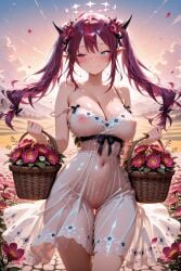 1girls ai_generated arbitrary blush breasts covered_nipples dress female flower flower_in_hair flowers heterochromia hololive hololive_english hololive_english_-promise- irys irys_(hololive) large_breasts nipples_visible_through_clothing no_bra no_panties outdoors purple_hair pussy pussy_visible_through_clothes see-through solo sunset twintails virtual_youtuber vtuber wind