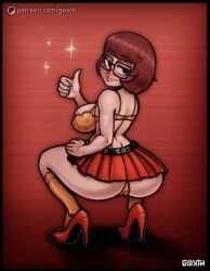 back_view bra cameltoe female glasses goxth high_heels looking_at_viewer microskirt scooby-doo solo squatting thong velma_dinkley