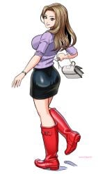 1female 1woman adult adult_female artist_name ass bag bare_legs big_breasts black_skirt blonde_hair boot_fetish boots bracelet breasts brown_eyes commentary_request english_text enkaboots female female_focus female_only from_behind handbag highres jewelry knee_boots latex_skirt long_legs looking_at_viewer looking_back original purple_shirt rain_boots red_boots rubber_boots safe safe_for_work shiny_clothes shirt shoe_soles skirt smile solo standing standing_on_one_leg sweater white_background