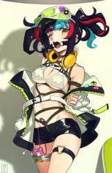 absurdres arms_behind_back black_hair bondage bound breasts cad_(caddo) commentary_request crotch_rope drooling egg_vibrator fate/grand_order fate_(series) female gag gagged headphones highres jacket looking_at_viewer medium_breasts multicolored_hair navel one_eye_closed open_mouth pussy_juice red_hair ring_gag saliva sei_shounagon_(fate) sex_toy shibari_over_clothes shorts skindentation solo standing stomach streaked_hair teeth thigh_strap twintails underboob upper_teeth_only vibrator