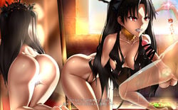1boy 1girls angry ass balls black_hair breasts collar command_spell earrings fate/grand_order fate_(series) female female_focus hair_ribbon hypnosis ishtar_(fate) jewelry large_penis long_hair male mind_control mirror on_all_fours penis red_eyes shiny_skin testicles text tiara translation_request twintails