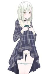 bang_dream! bang_dream!_it's_mygo!!!!! blue_collar blue_dress blue_panties blue_ribbon blunt_bangs closed_mouth clothes_lift collar collarbone colored_pubic_hair commentary cowboy_shot dress dress_lift female female_pubic_hair frilled_collar frilled_dress frilled_shirt_collar frills green_hair green_pubic_hair groin gumoyu hands_up highres lifting_own_clothes long_hair long_sleeves looking_at_viewer panties panty_pull plaid_clothes plaid_dress pubic_hair pussy pussy_juice pussy_juice_trail raised_eyebrows ribbon sidelocks simple_background solo standing symbol-only_commentary thigh_gap underwear wakaba_mutsumi white_background yellow_eyes