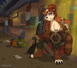 accessory ailurid alley anthro armor bandage barrel bear big_breasts blizzard_entertainment breasts bruised clothed clothing dirty female grimace gun hair_accessory leg_armor mammal muscular muscular_female nipples pandaren pandazar ponytail ranged_weapon red_panda red_pandaren sitting slightly_chubby solo thick_thighs topless torn_clothing warcraft weapon
