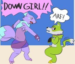 2_tails absurd_res anthro bandai_namco belly bondage canid canine canis claws clothed clothed_anthro clothed_female clothing collar comica_(garmore) dialogue digimon digimon_(species) dipstick_tail dominant dominant_female down_boy_(meme) duo erection facial_markings female female/female fox garmore genitals gesture gloves gloves_only gynomorph gynomorph/female hand_gesture handwear handwear_only head_markings hi_res intersex intersex/female loogamon mammal markings mostly_nude multi_tail neck_tuft nude nude_anthro nude_gynomorph penis petplay pointing pointing_down renamon roleplay side_view sitting speech_bubble submissive submissive_gynomorph submissive_intersex tail tail_markings tail_motion tailwag tempest_(garmore) thick_thighs trans_(lore) trans_woman_(lore) tuft wolf