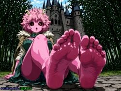 ai_generated ashido_mina barefoot boku_no_hero_academia castle dark_fantasy day feet foot_fetish foot_focus gigatsu looking_at_viewer mina_ashido outdoors pixel_art seductive sitting sole_female soles toes