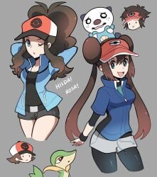 2boys 2girls baseball_cap black_hair black_pantyhose black_shirt blue_eyes blue_jacket blush breasts brown_hair cleavage cosplay costume_switch donut_hair_bun double_bun female hair_bun hat high_ponytail highres hilbert_(pokemon) hilbert_(pokemon)_(cosplay) hilda_(pokemon) jacket long_hair long_sleeves looking_at_viewer male medium_breasts multiple_boys multiple_girls nate_(pokemon) nate_(pokemon)_(cosplay) nintendo one_eye_closed open_mouth oshawott pantyhose pantyhose_under_shorts pokemon pokemon_bw pokemon_bw2 ponytail rosa_(pokemon) shirt short_hair shorts sidelocks smile snivy touyarokii twintails visor_cap