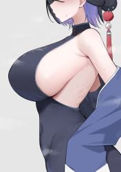 1girls absurdres armpit_crease backless_dress backless_outfit bare_shoulders black_dress black_hair blue_archive blue_dress blue_jacket blush breasts china_dress chinese_clothes colored_inner_hair commentary covered_navel dress female from_side hair_bun hair_ornament halter_dress halterneck head_out_of_frame highres huge_breasts jacket kaguya_(blue_archive) large_breasts light_blush long_sleeves mandarin_collar mintz912 multicolored_hair off_shoulder profile purple_hair sideboob sideless_outfit simple_background sleeveless sleeveless_dress sleeves_past_fingers sleeves_past_wrists solo standing steaming_body sweat tassel tassel_hair_ornament white_background