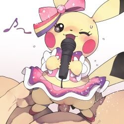1boy absurdres blush cosplay_pikachu female feral_penetrated highres holding holding_microphone male microphone musical_note nose_blush one_eye_closed penis pikachu pikachu_pop_star pokemon pokephilia pov pov_crotch pussy sex simple_background straight uncensored vaginal_penetration white_background youjo_modoki youjomodoki zoophilia