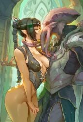 -_-abc 1boy 1girls ai_generated armor ass baldur's_gate baldur's_gate_3 black_hair clothed_male elf elf_ears face_tentacles female glass illithid interspecies kissing large_ass male massive_ass mind_flayer mouth_tentacle partially_clothed shadowheart tentacle tentacle_around_neck tiara