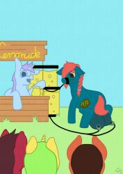 absurd_res being_watched beverage breast_expansion breasts crotchboobs equid equine expansion fan_character female flustered_female friendship_is_magic group hasbro hi_res horse humiliation humiliation_fetish lemonade lemonade_stand liquid liquid_tank looking_at_another male mammal my_little_pony pony simple_background simple_eyes sophiepossum suction_device teat_expansion teats woelee
