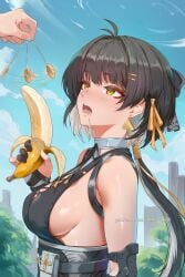 ai_generated banana bare_shoulders black_gloves black_hair blush breasts coin coin_on_string drooling earrings female female_rover_(wuthering_waves) fingerless_gloves food fruit gloves hair_ornament hairclip hikari406 holding holding_food holding_fruit hypnosis jewelry large_breasts long_hair medium_breasts mind_control multicolored_hair open_mouth outdoors pouch saliva sexually_suggestive sideboob solo_focus uncensored upper_body wuthering_waves yellow_eyes