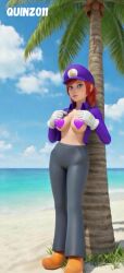 1girls 3d ai ai_art ai_generated alternate_version_at_source artist_logo artist_name beach black_pants blue_eyes bluesky_link breasts censored_nipples coconuts crossover crossover_cosplay female female_focus female_only gloves hat hearts_on_nipples joanna_dark looking_at_viewer mario_(series) microsoft nintendo palm_tree pants perfect_dark perfect_dark_zero purple_hat purple_topwear quinzo11 rareware red_eyebrows red_hair self_upload shoes short_hair standing standing_female topwear topwear_lift waluigi_(cosplay) white_gloves xbox_game_studios