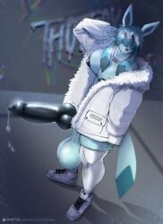 1boy canine_genitalia canine_penis dog_penis fur_coat glaceon hyper hyper_penis knotted_penis male male_only muscular muscular_male penis piercings pokemon pokemon_(species) solo street sunglasses vikifox_(artist)