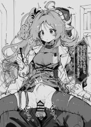 1boy :/ arknights bar_censor censored clothed_sex clothes_lift coat cowgirl_position cum cum_in_pussy dress dress_lift expressionless eyjafjalla_(arknights) female greyscale highres holding holding_pen horns indoors lanyard long_hair monochrome no_nose open_clothes open_coat paofan pen penis reverse_upright_straddle sex sheep_girl sheep_horns speech_bubble stomach_bulge straight time_stop translation_request vaginal_penetration