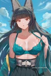 :o ai_generated animal_ear_fluff animal_ears bare_shoulders belt black_hair black_skirt blue_sky blunt_bangs bra breasts cloud collarbone day female fox_ears hikari406 hoshimi_miyabi jacket large_breasts long_hair looking_at_viewer open_clothes open_mouth outdoors pleated_skirt red_eyes skirt sky solo uncensored underwear zenless_zone_zero