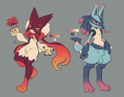 absurd_res animal_genitalia anthro balls blue_body blue_fur canid canine duo felid feline fur generation_4_pokemon generation_9_pokemon genitals hi_res honeydewt1me lucario male male/male male/trans_male mammal mastectomy_scar meowscarada multicolored_body nintendo nude pokemon pokemon_(species) scar sheath simple_background tail trans_(lore) visibly_trans