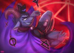 2_horns anthro balls big_penis black_body black_fur bodily_fluids bovid cabura cape cape_only caprine clothing cloven_hooves crown cult_of_the_lamb curved_horn fangs fur genital_fluids genitals glans goat goat_(cult_of_the_lamb) grey_body grey_fur grin headgear hooves horn humanoid_genitalia humanoid_penis looking_at_viewer looking_back looking_back_at_viewer male mammal massive_monster_(studio) mostly_nude penis precum precum_string purple_cape purple_clothing smile solo teeth