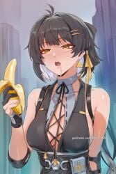 ai_generated banana bare_shoulders black_gloves black_hair blush breasts cleavage drooling earrings female female_rover_(wuthering_waves) fingerless_gloves food fruit gloves hair_ornament hairclip hikari406 holding holding_food holding_fruit jewelry large_breasts long_hair multicolored_hair open_mouth pouch ribbon saliva sexually_suggestive solo uncensored upper_body white_hair wuthering_waves yellow_eyes