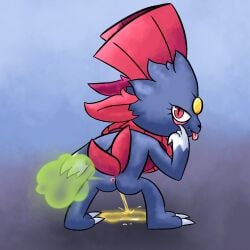 1:1 2023 ambiguous_gender anthro ass black_nose bodily_fluids cute_fangs eyelid_pull eyelid_pull_taunt fangs fart fart_cloud fur generation_4_pokemon genital_fluids gesture green_fart_cloud hi_res leaning leaning_forward looking_at_viewer looking_back looking_back_at_viewer mooning nintendo peeing peeing_on_ground pokemon pokemon_(species) rear_view red_eyes red_tail solo suplosers tail taunting teeth tongue tongue_out urine urine_on_ground urine_pool urine_stream weavile white_body white_fur