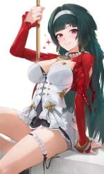 1girls absurdres astra_yao bare_legs bead_necklace beads breasts commentary cropped_jacket dress english_commentary female green_hair hair_intakes hairband highres jacket jewelry large_breasts legs long_hair looking_at_viewer necklace pole red_eyes red_jacket short_dress sitting smile solo sparkle strapless strapless_dress very_long_hair white_dress white_hairband yonesdraws zenless_zone_zero