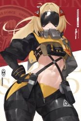 1girls abs absurdres black_pants blonde_hair bulletproof_vest camouflage camouflage_pants commentary eye_mask eye_shield female highres long_hair pants parted_lips skin_tight smile solo toned toned_female trigger_(zenless_zone_zero) two-tone_background weimiaw zenless_zone_zero