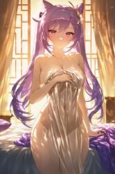 :o absurd_res ai_generated arm_at_side arm_support armpit_crease ass_visible_through_thighs backlighting bare_shoulders bed bed_sheet bedroom blanket blush bow braid breasts cleavage collarbone completely_nude cone_hair_bun covered_navel covering_breasts covering_privates cowboy_shot curtain_grab curtains diamond-shaped_pupils diamond_(shape) double_bun female flower genshin_impact groin hair_between_eyes hair_bun hair_ears hair_flower hair_ornament hand_on_own_chest hand_up holding indoors keqing_(genshin_impact) large_breasts lattice light_particles linea_alba long_hair looking_at_viewer medium_breasts ministro morning naked_sheet navel nude nude_cover on_bed parted_lips pillow pink_eyes purple_eyes purple_hair see-through see-through_silhouette sidelocks solo standing stomach sunlight swept_bangs symbol-shaped_pupils tassel thigh_gap thighs towel twintails under_covers very_long_hair white_flower window