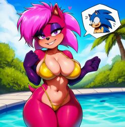 ai_generated ass bikini blue_body breasts female green_eyes incest looking_at_another looking_at_partner lovely magenta_fur outside pink_hair pleading pool_background seductive seductive_look smile sonia_the_hedgehog sonic_(series) sonic_the_hedgehog sonic_the_hedgehog_(series) sonic_underground straight suggestive_look sun swimsuit