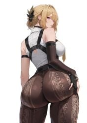 1girls 2025 ai_generated arm_strap ass_focus bangs bare_shoulders black_choker blonde_hair breasts brown_pants chest_harness collared_shirt curvaceous earrings elbow_glove evelyn_chevalier female female_only fingerless_gloves flare_pants forbidden_pants from_behind hair_ornament large_ass large_breasts looking_at_viewer looking_back mature mature_female medium_hair parted_lips purple_eyes quaternionic round_ass sidelocks simple_background sleeveless_shirt solo stable_diffusion white_background white_shirt yellow_necktie zenless_zone_zero