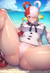 ai_generated beach big_ass big_breasts big_butt big_thighs blush cameltoe hair_over_one_eye huge_ass huge_butt huge_thighs meodium_breasts multicolored_hair one_piece outdoors purple_eyes red_hair spread_legs thong twintails uta_(one_piece) wanuze wet white_hair white_thong wide_hips wind_lift