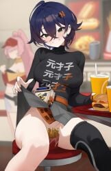 1girls ahoge asymmetrical_legwear belle_(zenless_zone_zero) black_shirt blue_hair blurry blurry_background clothes_lift clothes_writing convenient_censoring cup disposable_cup drinking_straw earrings fast_food food french_fries green_eyes grey_skirt hair_between_eyes hair_ornament highres jewelry kumari2311 letter_hair_ornament long_sleeves looking_at_viewer shirt skirt skirt_lift smile zenless_zone_zero